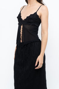 Vintage x Black Mesh Embroidered Open Cropped Tank (XS, S)