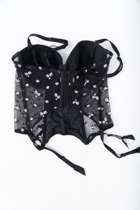 Vintage x Black 3d Floral Embroidered Mesh Corset (M, L, D, DD Cup)