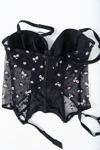 Vintage x Black 3d Floral Embroidered Mesh Corset (M, L, D, DD Cup)