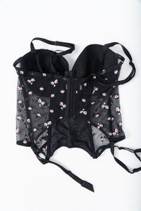 Vintage x Black 3d Floral Embroidered Mesh Corset (M, L, D, DD Cup)