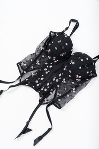 Vintage x Black 3d Floral Embroidered Mesh Corset (M, L, D, DD Cup)