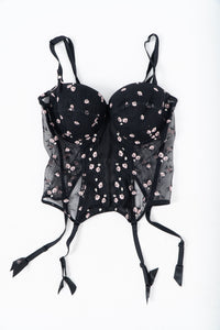 Vintage x Black 3d Floral Embroidered Mesh Corset (M, L, D, DD Cup)