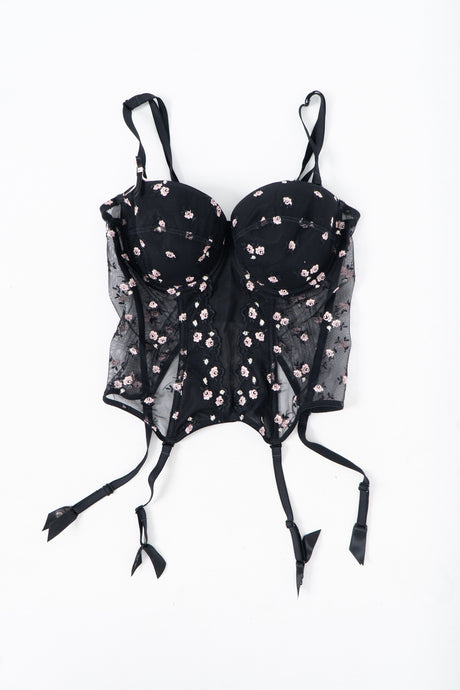 Vintage x Black 3d Floral Embroidered Mesh Corset (M, L, D, DD Cup)