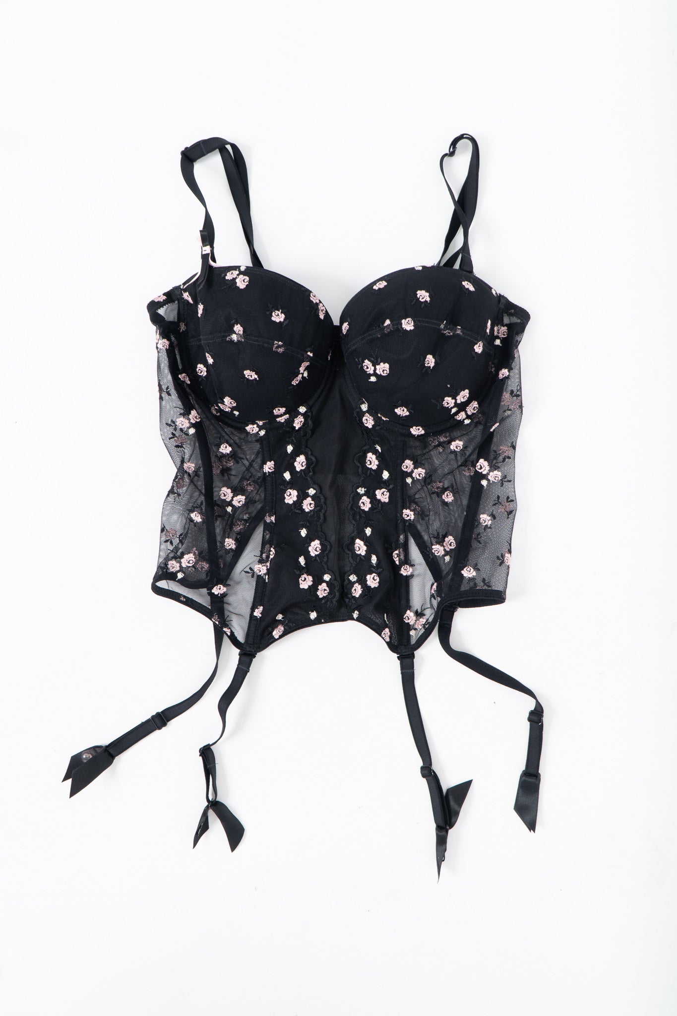 Vintage x Black 3d Floral Embroidered Mesh Corset (M, L, D, DD Cup)