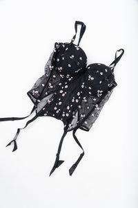 Vintage x Black 3d Floral Embroidered Mesh Corset (M, L, D, DD Cup)