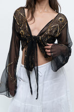 Load image into Gallery viewer, Vintage x Black, Gold Sequin Sheer Front-tie Cropped Long Sleeve Top (XS-L)