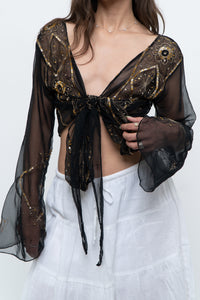 Vintage x Black, Gold Sequin Sheer Front-tie Cropped Long Sleeve Top (XS-L)