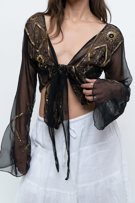 Vintage x Black, Gold Sequin Sheer Front-tie Cropped Long Sleeve Top (XS-L)