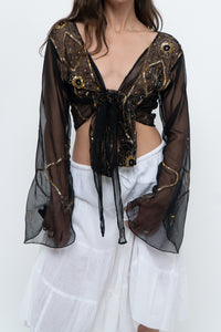 Vintage x Black, Gold Sequin Sheer Front-tie Cropped Long Sleeve Top (XS-L)