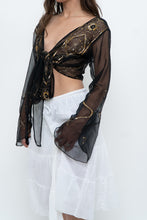 Load image into Gallery viewer, Vintage x Black, Gold Sequin Sheer Front-tie Cropped Long Sleeve Top (XS-L)