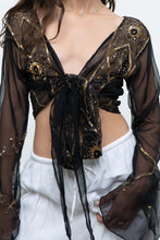 Load image into Gallery viewer, Vintage x Black, Gold Sequin Sheer Front-tie Cropped Long Sleeve Top (XS-L)