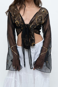 Vintage x Black, Gold Sequin Sheer Front-tie Cropped Long Sleeve Top (XS-L)