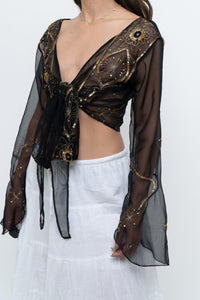 Vintage x Black, Gold Sequin Sheer Front-tie Cropped Long Sleeve Top (XS-L)