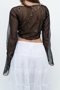 Vintage x Black, Gold Sequin Sheer Front-tie Cropped Long Sleeve Top (XS-L)