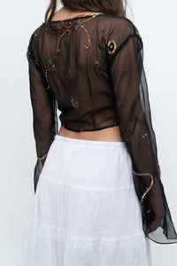 Vintage x Black, Gold Sequin Sheer Front-tie Cropped Long Sleeve Top (XS-L)
