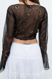 Vintage x Black, Gold Sequin Sheer Front-tie Cropped Long Sleeve Top (XS-L)