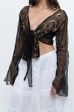Load image into Gallery viewer, Vintage x Black, Gold Sequin Sheer Front-tie Cropped Long Sleeve Top (XS-L)