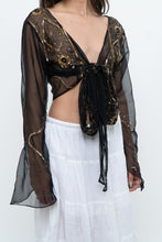 Load image into Gallery viewer, Vintage x Black, Gold Sequin Sheer Front-tie Cropped Long Sleeve Top (XS-L)
