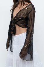 Load image into Gallery viewer, Vintage x Black, Gold Sequin Sheer Front-tie Cropped Long Sleeve Top (XS-L)