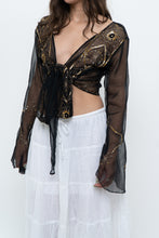 Load image into Gallery viewer, Vintage x Black, Gold Sequin Sheer Front-tie Cropped Long Sleeve Top (XS-L)