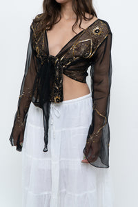 Vintage x Black, Gold Sequin Sheer Front-tie Cropped Long Sleeve Top (XS-L)