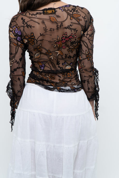 Vintage x Black Floral Mesh Sheer Back Top (M)