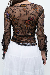 Vintage x Black Floral Mesh Sheer Back Top (M)