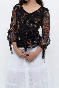 Vintage x Black Floral Mesh Sheer Back Top (M)