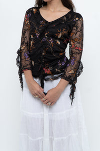 Vintage x Black Floral Mesh Sheer Back Top (M)