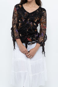 Vintage x Black Floral Mesh Sheer Back Top (M)