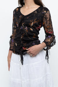 Vintage x Black Floral Mesh Sheer Back Top (M)
