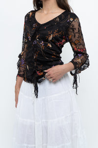 Vintage x Black Floral Mesh Sheer Back Top (M)