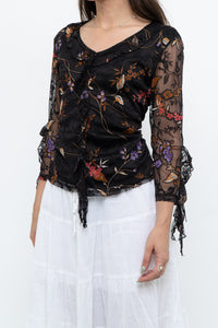 Vintage x Black Floral Mesh Sheer Back Top (M)