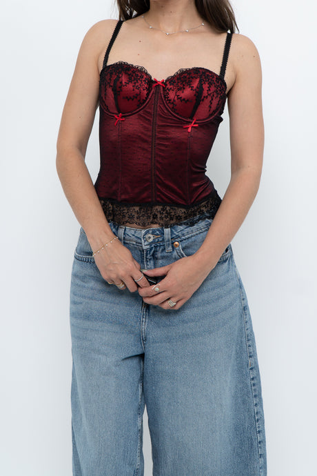 Vintage x Black, Red Embroidered Mesh Corest (S, B-C Cup)