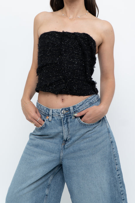 ZARA x Black Tweed Shimmer Cropped Top (XXS, XS)