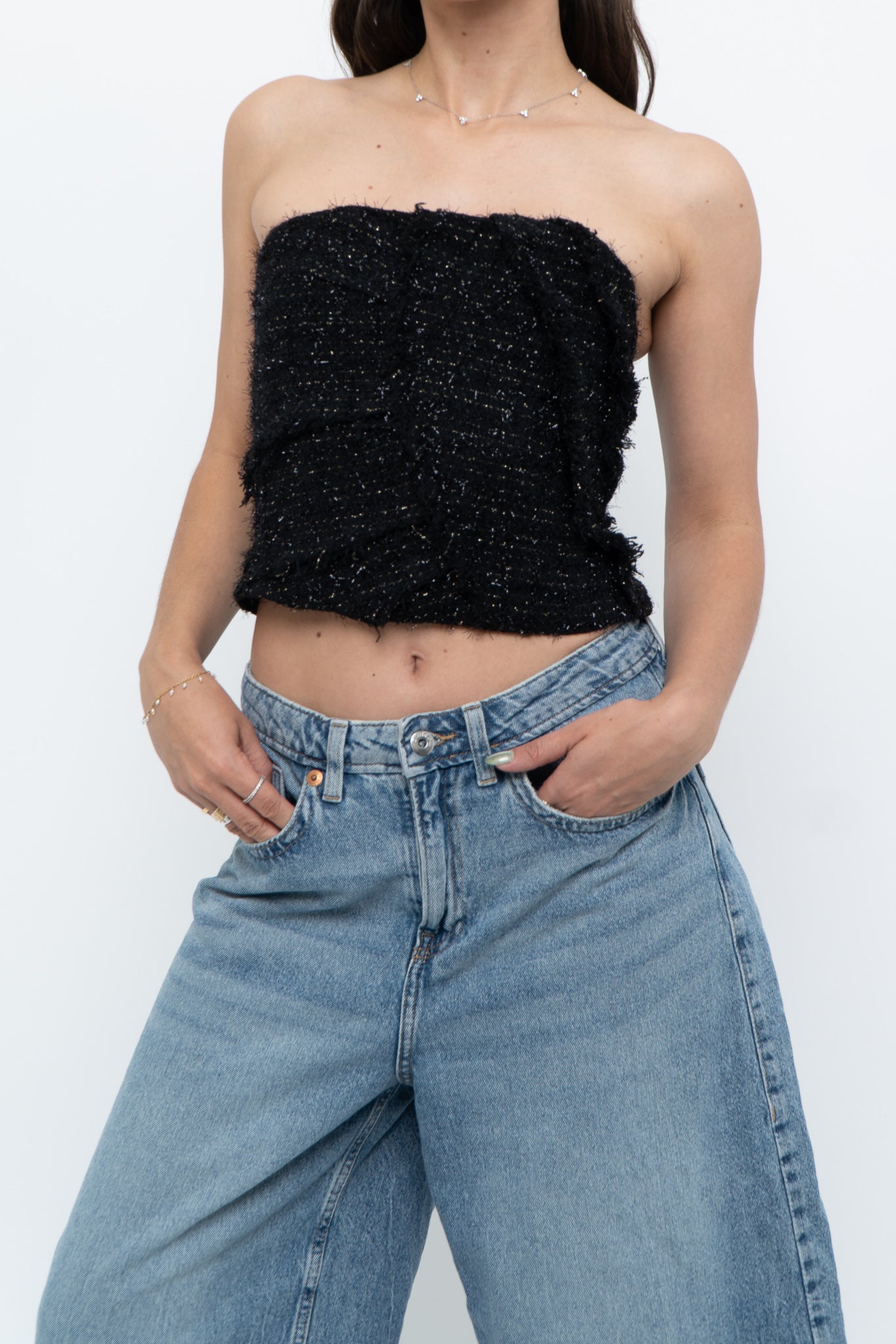 ZARA x Black Tweed Shimmer Cropped Top (XXS, XS)