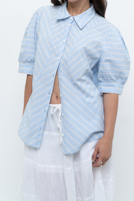 Vintage x  Blue Puff Sleeve Striped Cotton Buttonup (M, L)