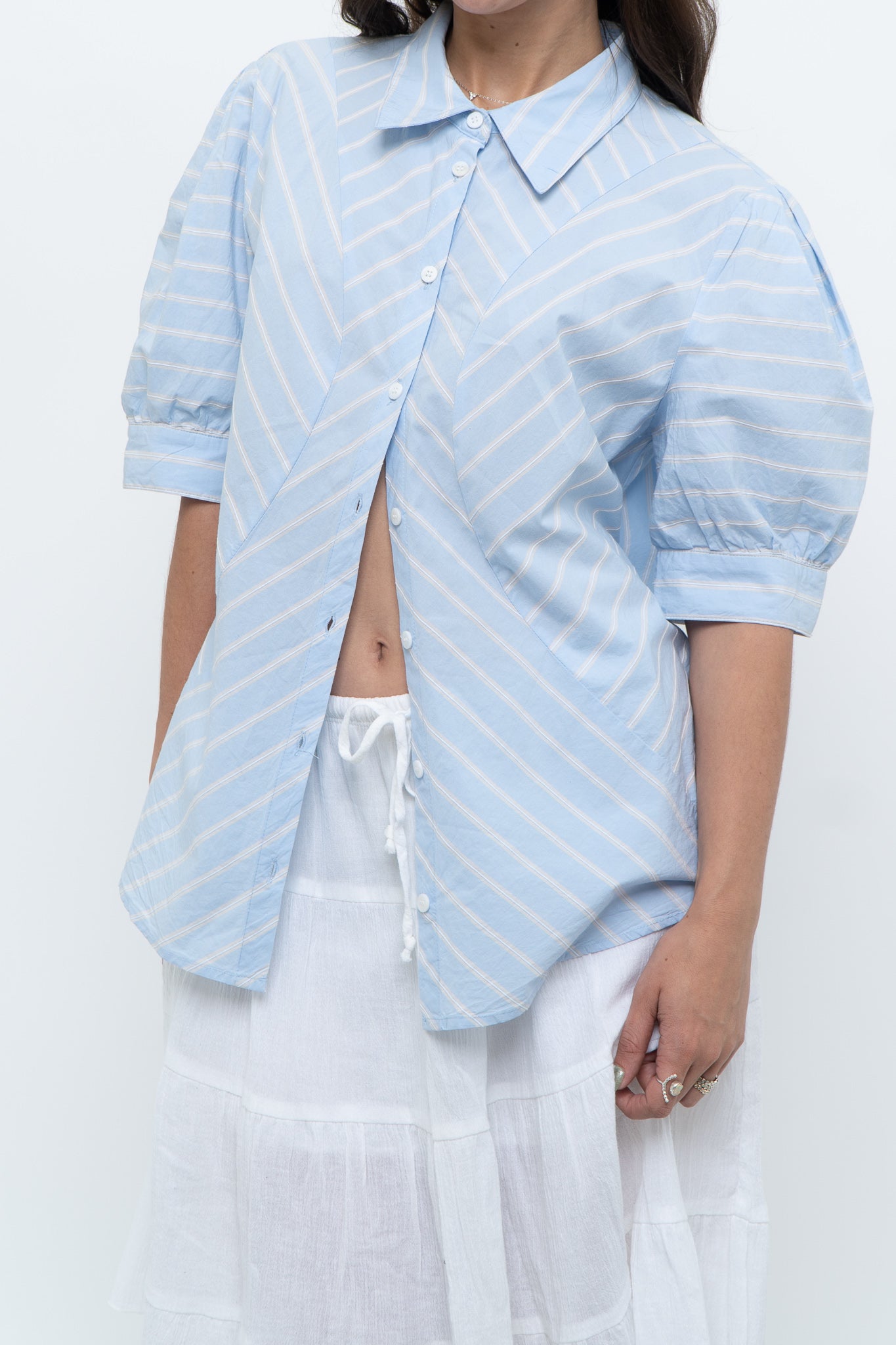 Vintage x  Blue Puff Sleeve Striped Cotton Buttonup (M, L)