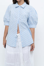 Load image into Gallery viewer, Vintage x  Blue Puff Sleeve Striped Cotton Buttonup (M, L)