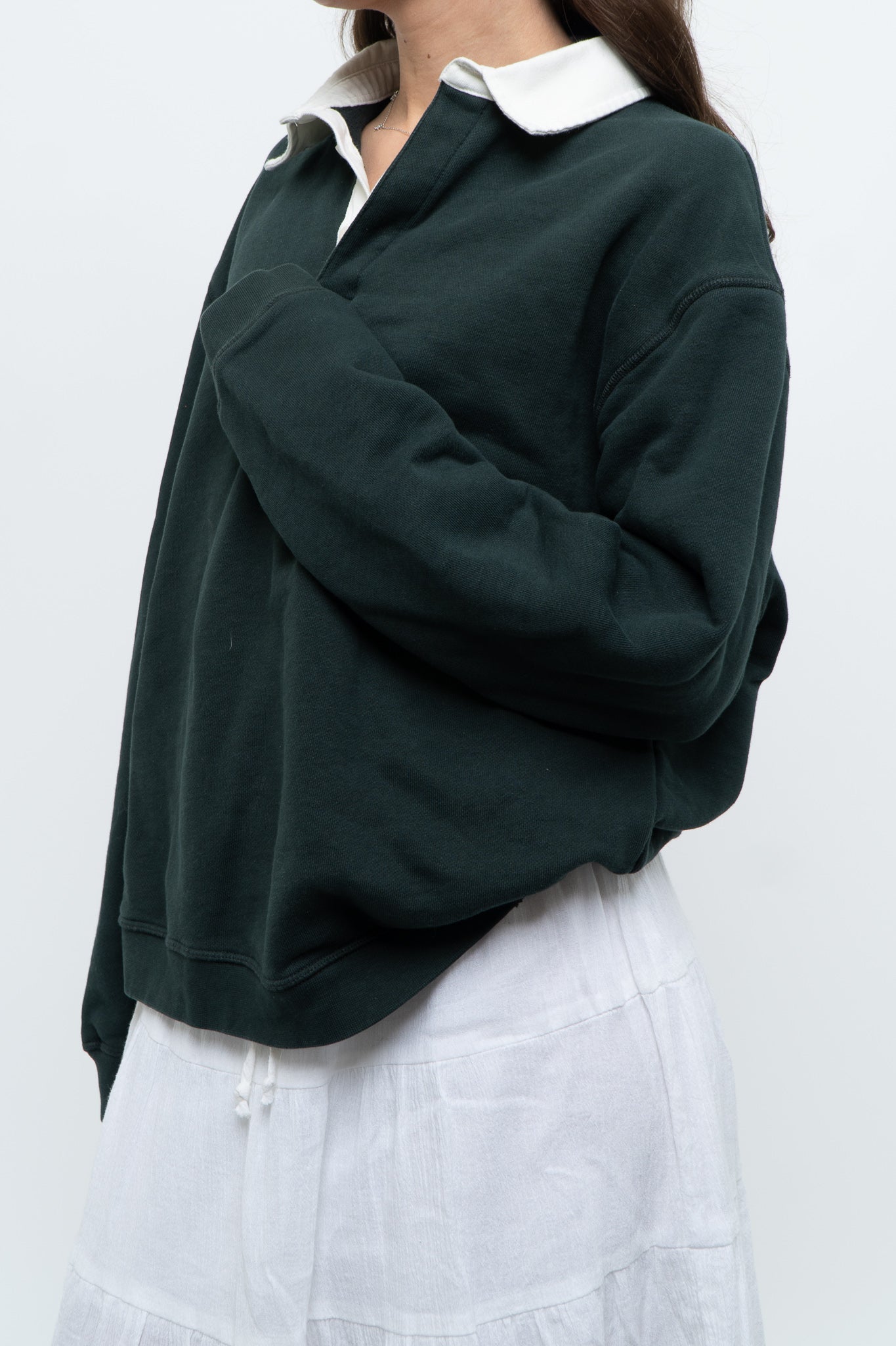 ZARA x Forest Green, White Collared Crewneck (S-L)