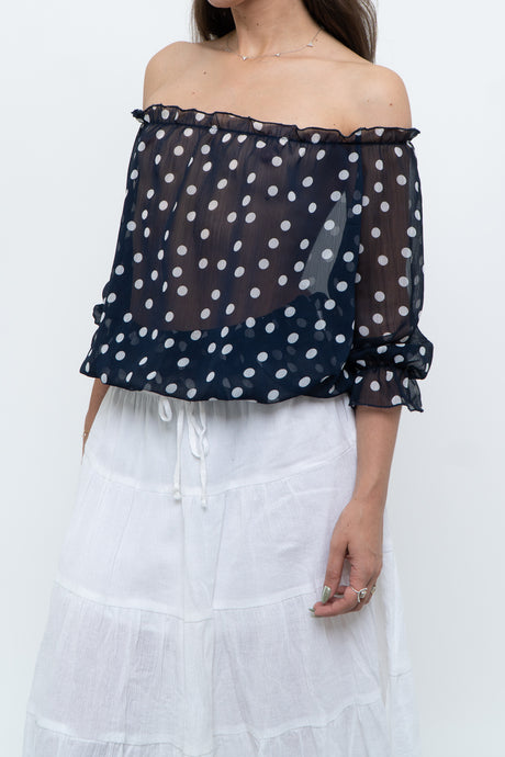 Vintage x Navy Polkadot Sheer Off-shoulder Blouse (S-L)