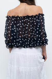 Vintage x Navy Polkadot Sheer Off-shoulder Blouse (S-L)
