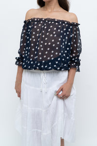 Vintage x Navy Polkadot Sheer Off-shoulder Blouse (S-L)