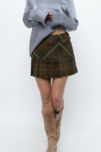 Vintage x Made in Canada x Green Plaid Wool Pleated Mini Skirt (M)