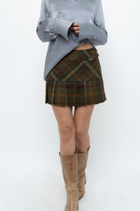 Vintage x Made in Canada x Green Plaid Wool Pleated Mini Skirt (M)