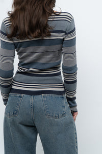 Vintage x Blue Cotton Striped Off-Shoulder Long Sleeve Knit (M)