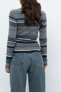 Vintage x Blue Cotton Striped Off-Shoulder Long Sleeve Knit (M)