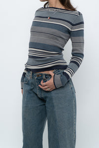 Vintage x Blue Cotton Striped Off-Shoulder Long Sleeve Knit (M)