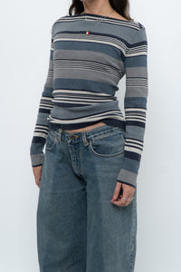 Vintage x Blue Cotton Striped Off-Shoulder Long Sleeve Knit (M)