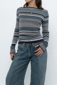 Vintage x Blue Cotton Striped Off-Shoulder Long Sleeve Knit (M)